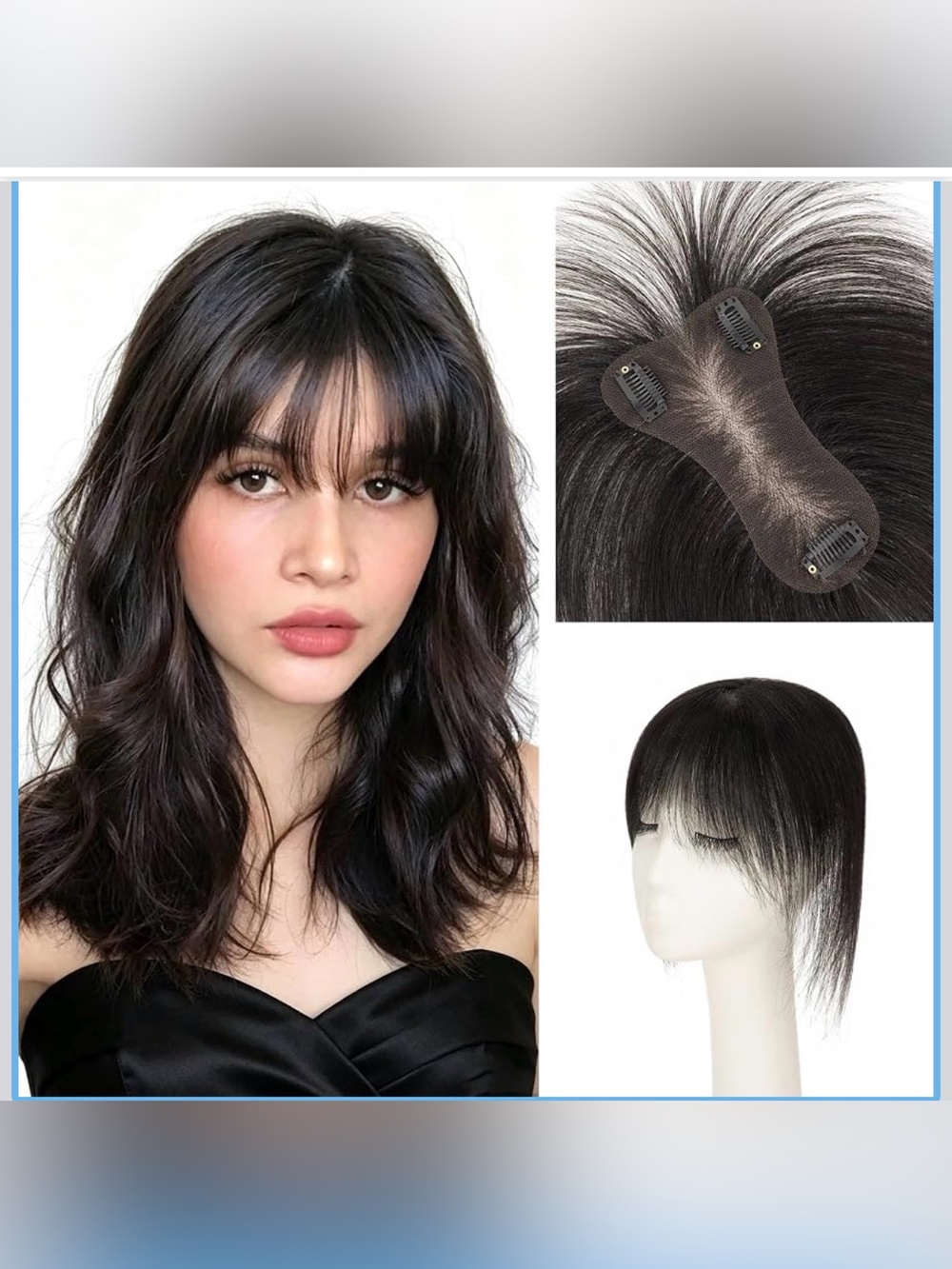 Human Hair Topper With Air Bangs Lightweight Clip In Hair Topper